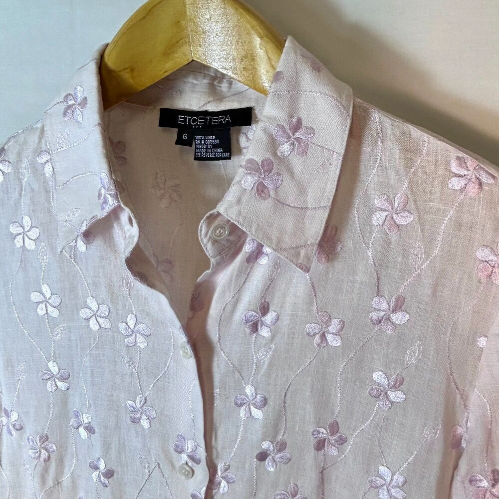 Etcetera Women's Pale Lavender Embroidered 100% Linen 3/4 Sleeve Blouse Size 6 - Picture 3 of 12